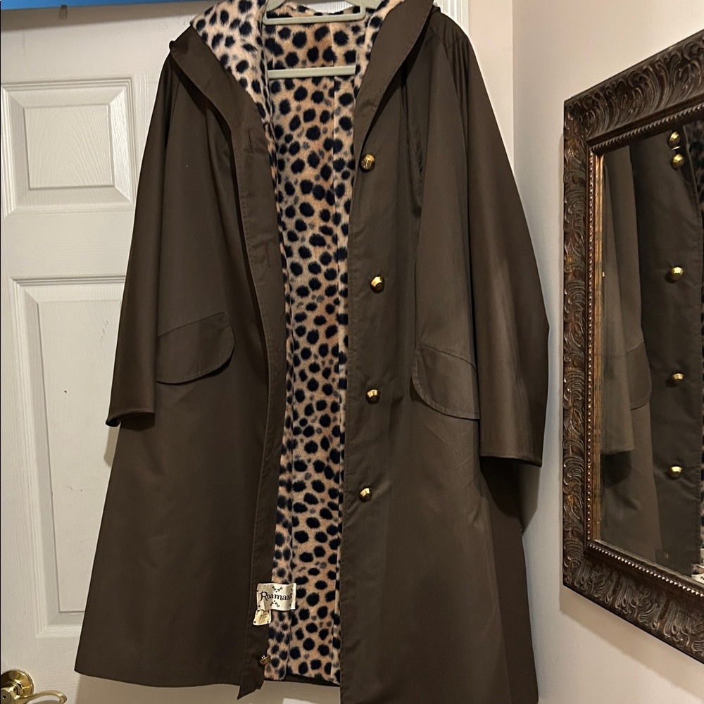 Vintage Roaman's Brown Hooded Trench Coat with Faux Fur Leopard Lining.